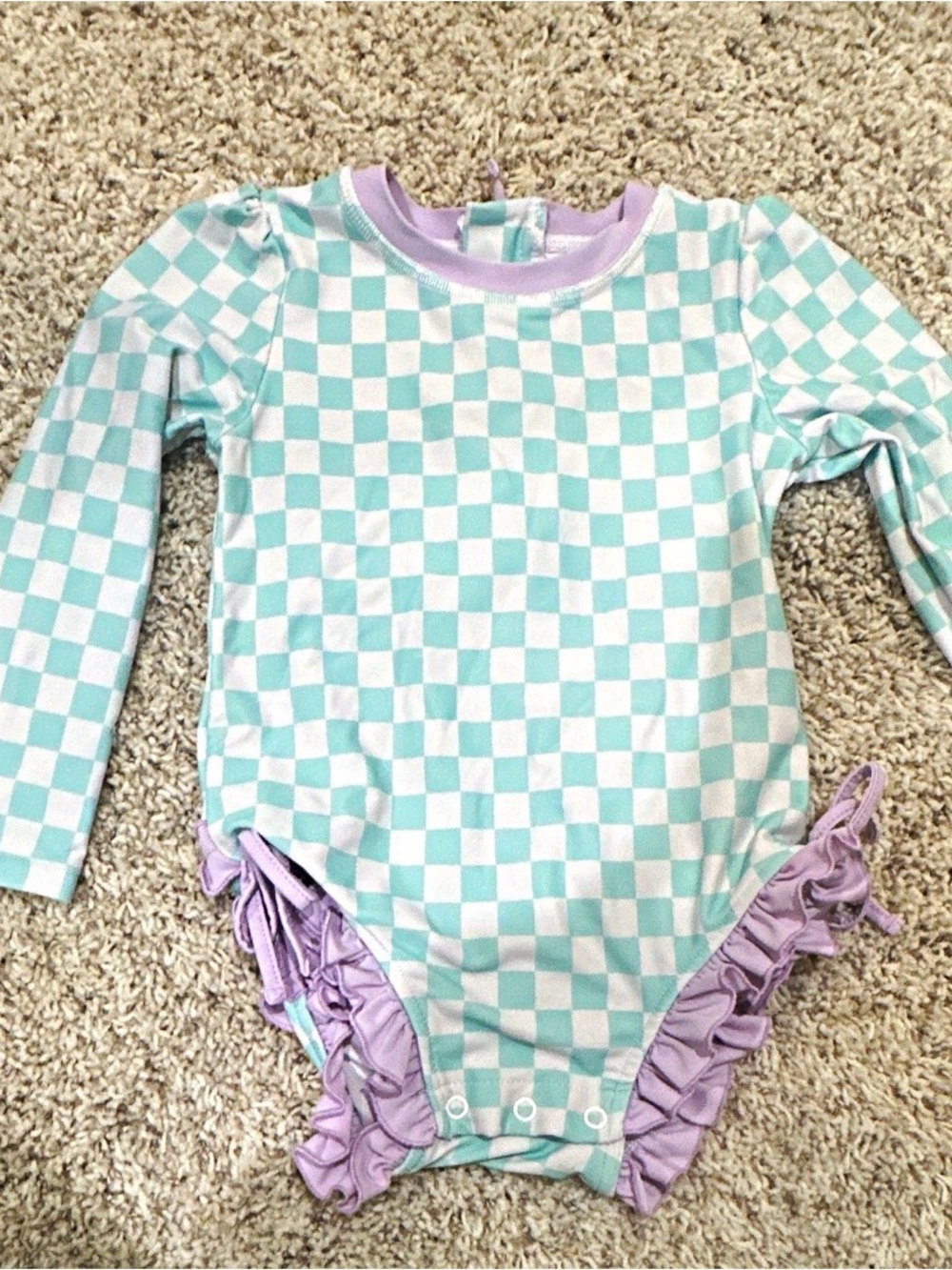 Caden Lane Mint & Lilac Checkered Ruffle One-Piece